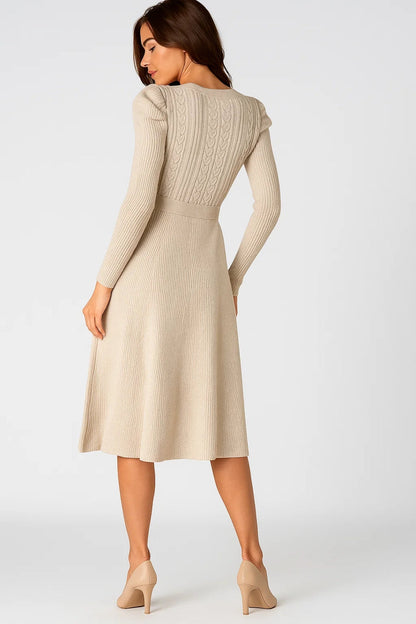 Midi Jurk Dames Lange Mouwen Gebreid met Ceintuur Casual