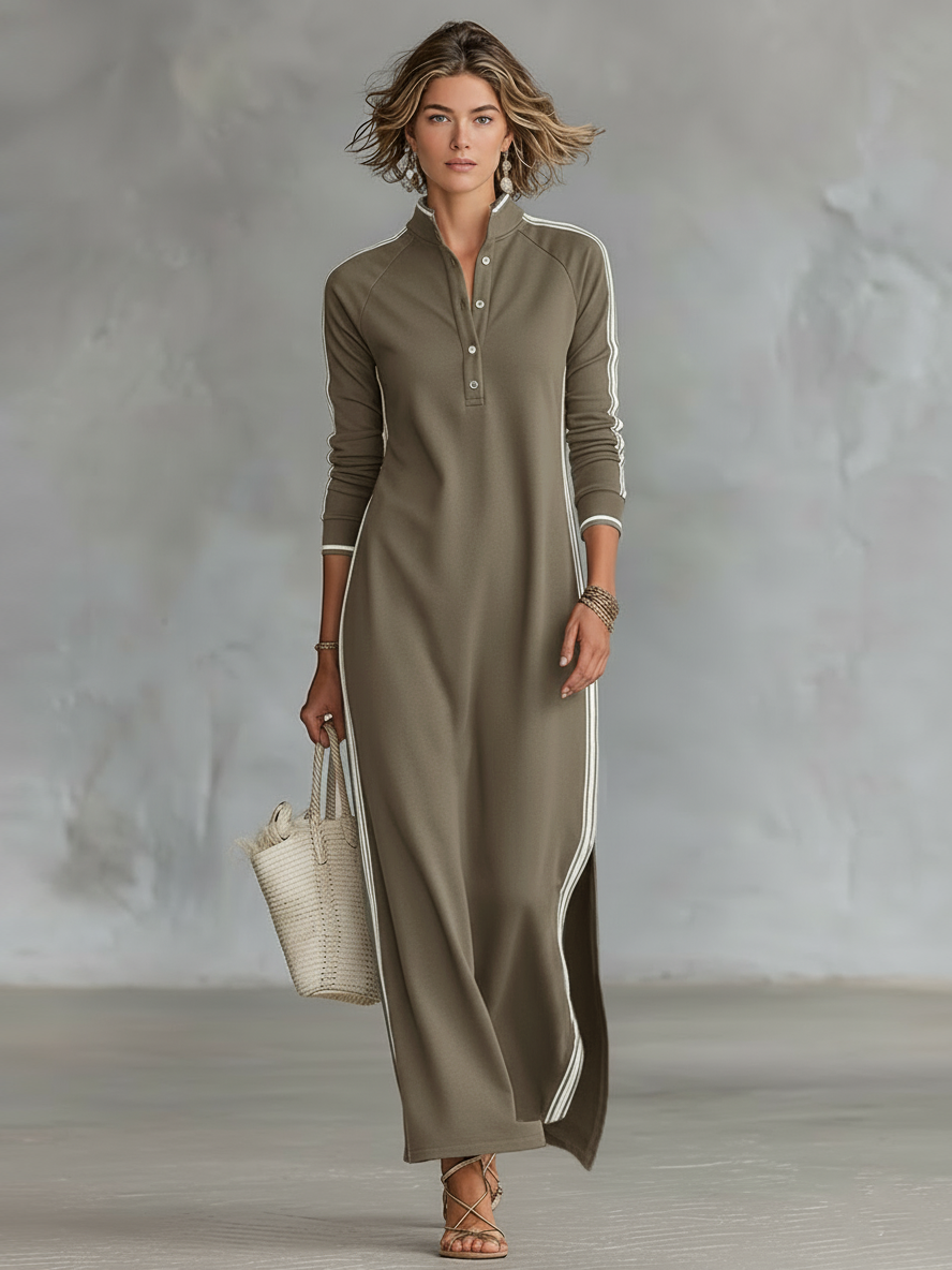 Dames sweatjurk maxi met knoopkraag