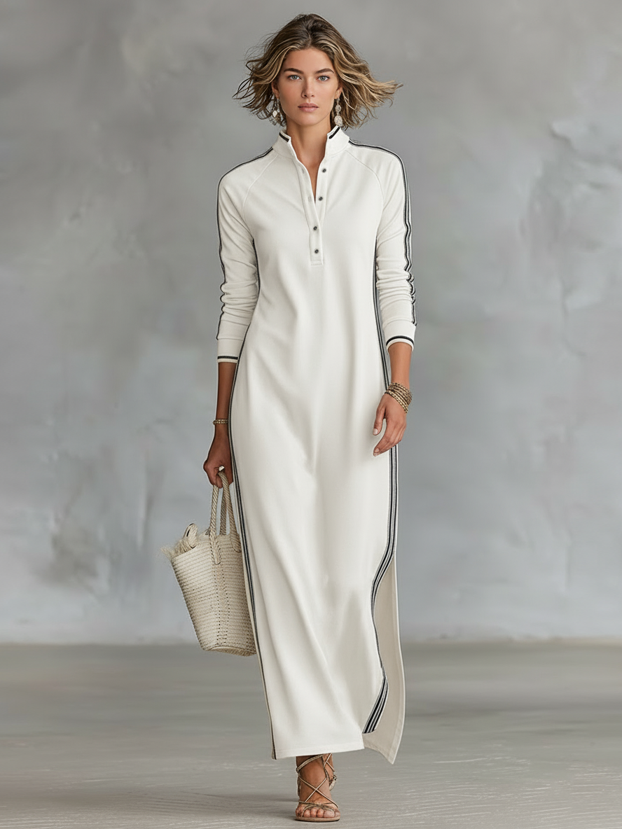 Dames sweatjurk maxi met knoopkraag