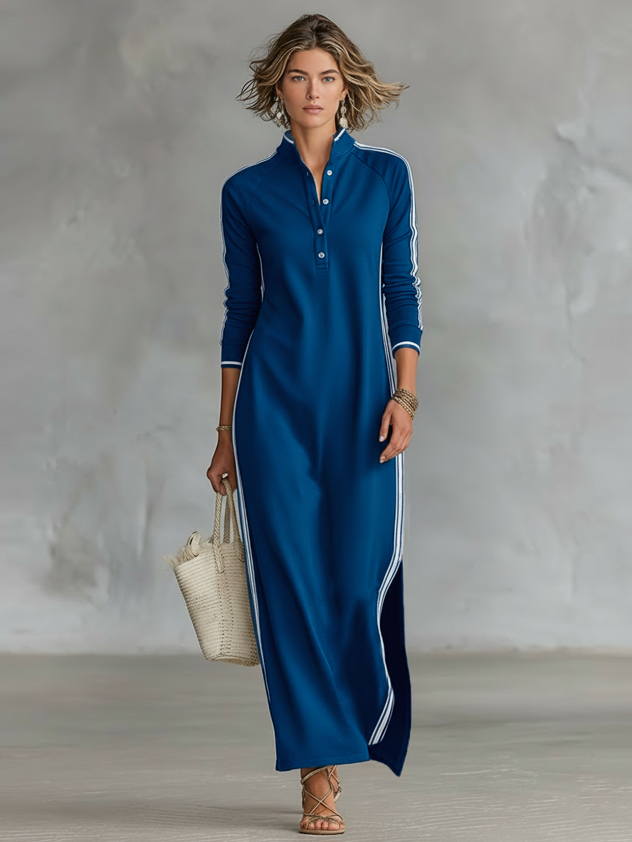 Dames sweatjurk maxi met knoopkraag