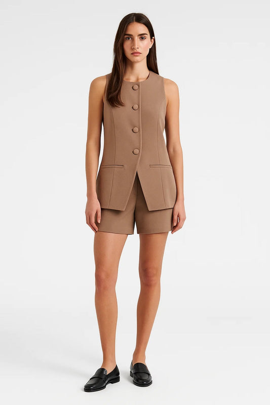 Dames Gilet Set met Korte Broek en Knoopsluiting Chique - StudioMarella