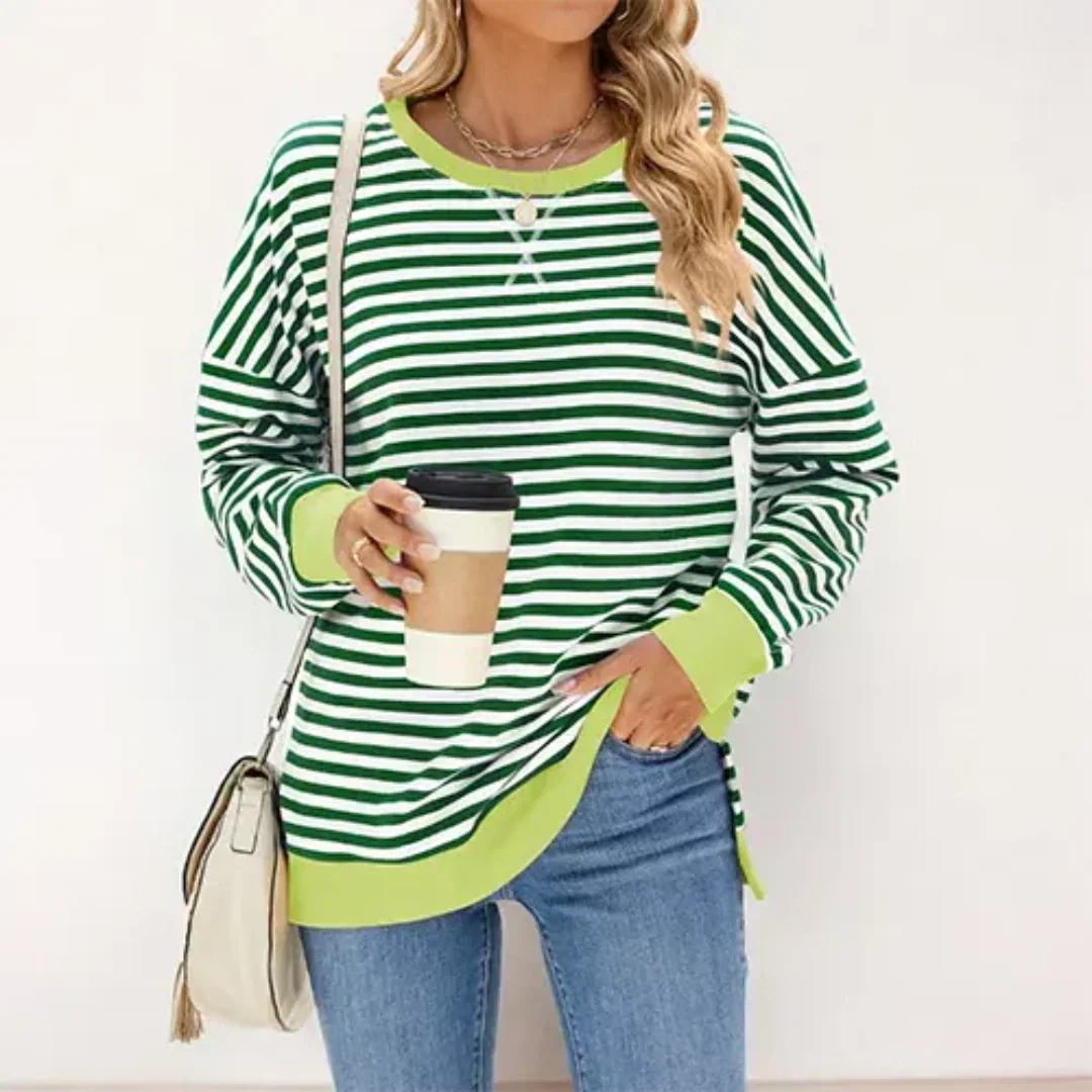 Havello stijlvolle trui met groene-witte strepen en limegroene boorden. Deze warme, comfortabele trui geeft een frisse en modieuze uitstraling. Ideaal om te dragen met jeans voor een casual, trendy look. Perfect voor dagelijks gebruik of een ontspannen dagje uit.