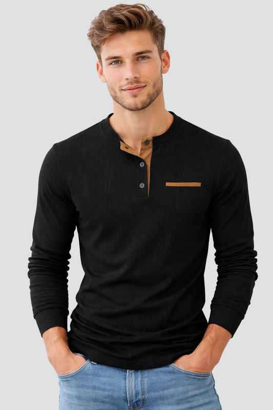 Heren Henley Shirt Lange Mouwen Knoopsluiting Geribd Katoen - StudioMarella