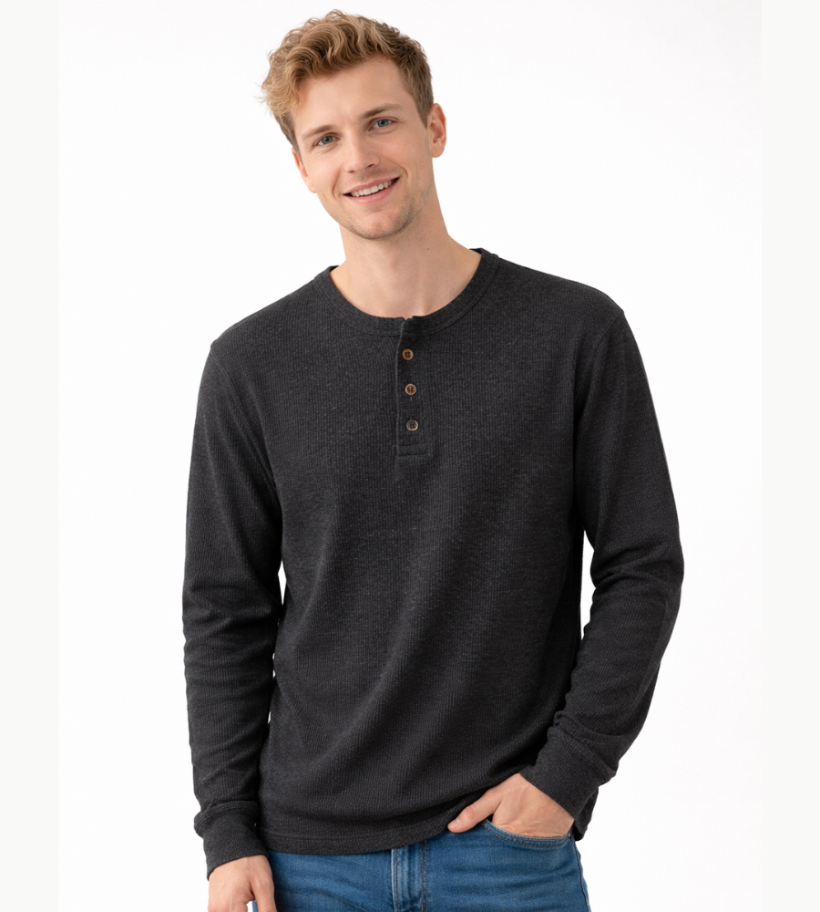 Heren Henley Shirt Lange Mouwen Klassiek Met Knoopsluiting