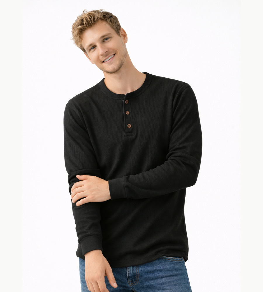 Heren Henley Shirt Lange Mouwen Klassiek Met Knoopsluiting