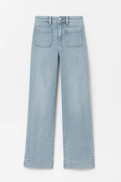 Hoge Waist Jeans Rechte Pijpen met Opgestikte Zakken Comfortabel Casual