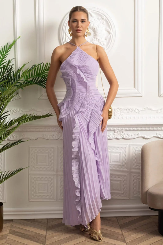 Midi Jurk met Ruches en Plooien - Lavendel Jurk - StudioMarella