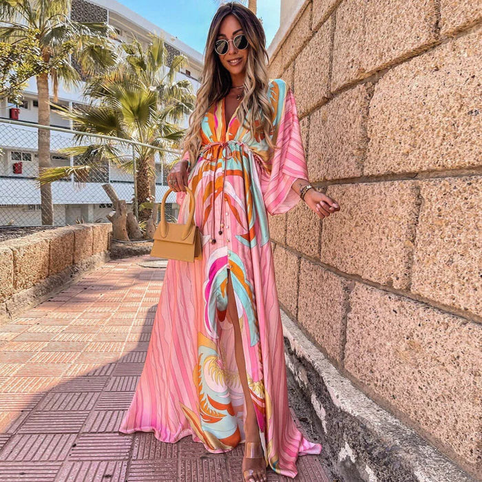 Maxi Jurk met V-hals en Split Zomerjurk Vrouw - StudioMarella