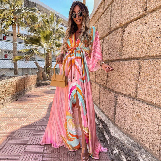 Maxi Jurk met V-hals en Split Zomerjurk Vrouw - StudioMarella