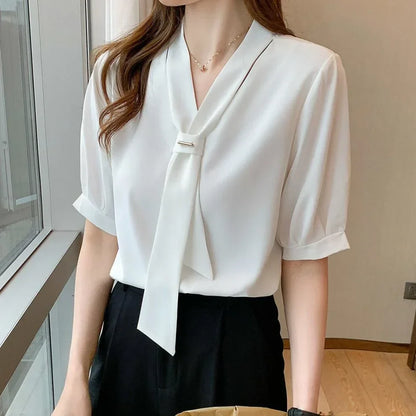 Dames Blouse Korte Mouwen Strik Koreaanse Stijl