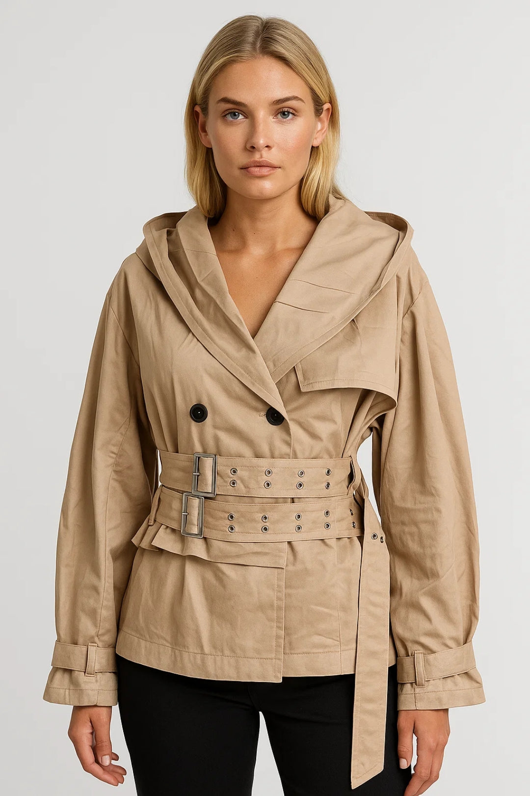 Dames Trenchcoat Kort Model met Capuchon en Dubbele Ceintuur - StudioMarella