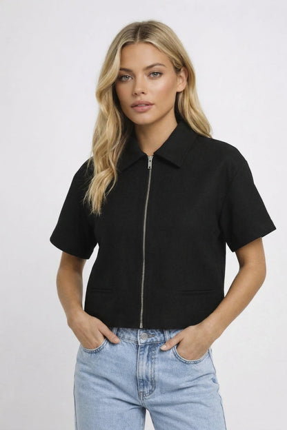 Korte Damesjas met Rits en Revers - Casual Stijl