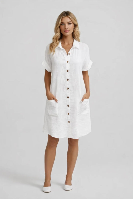 Midi Jurk Dames Korte Mouwen met Knoopsluiting - StudioMarella
