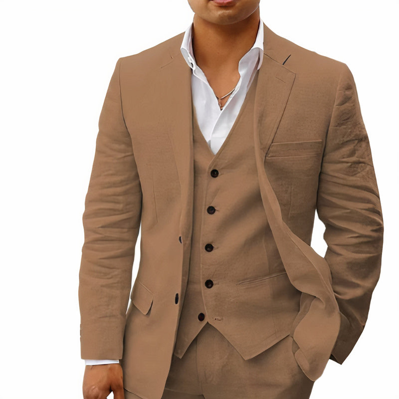 Heren 3-Delig Pak Slim Fit Blazer Gilet Pantalon Formal Bruin
