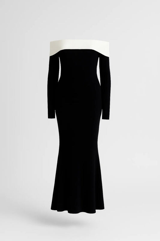 Dames Maxi Jurk Off Shoulder Lange Mouwen Elegant Zwart - StudioMarella