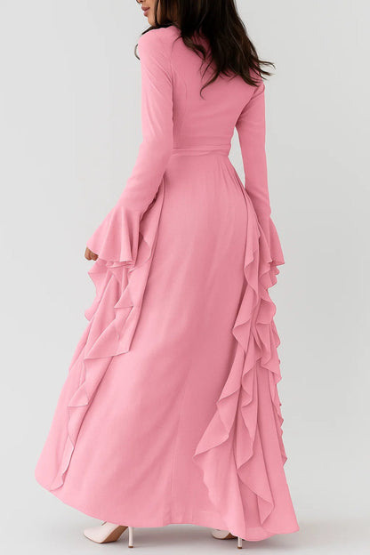 Lange Maxi Jurk Dames met Ruches en Lange Mouwen Elegant