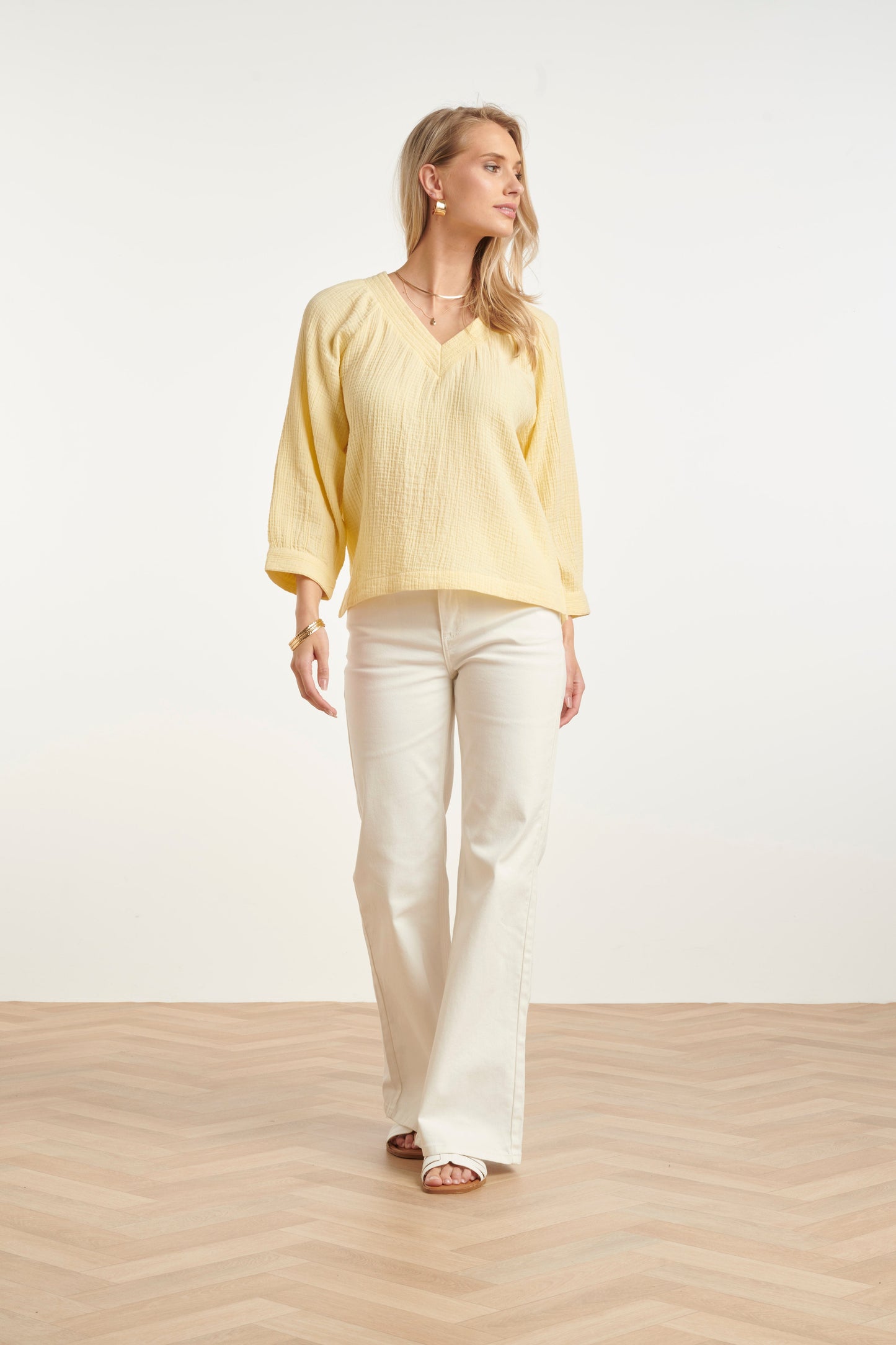 Lichtgele V-Hals Blouse Dames | Mousseline Tops Dames 5