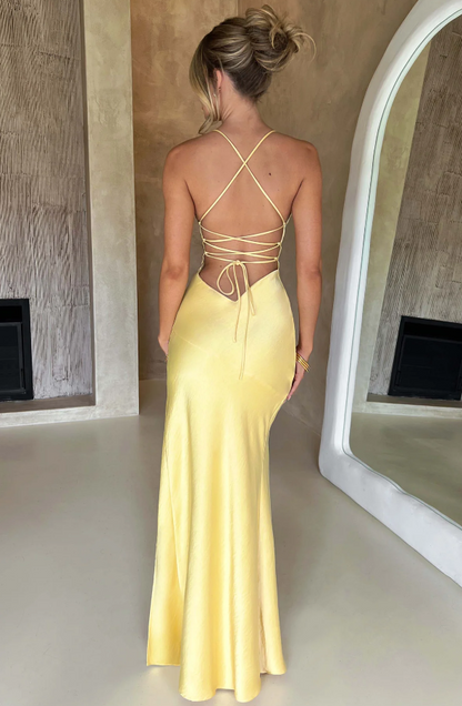 Lilly Maxi Jurk Geel | Lange Jurk Dames met Split 1