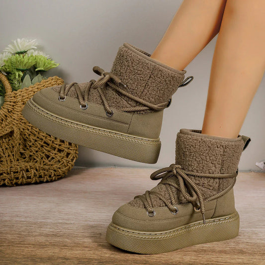 Dames Enkellaarzen - Comfortabele Platform Pantoffels met Veters en Pluche - StudioMarella
