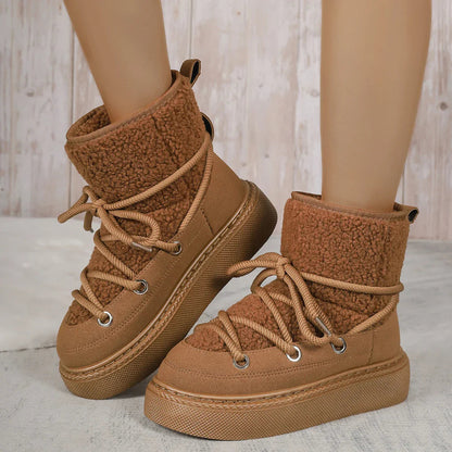 Lina | Dames Enkellaarzen Zwart - Platform met Veters en Sherpa Afwerking 2