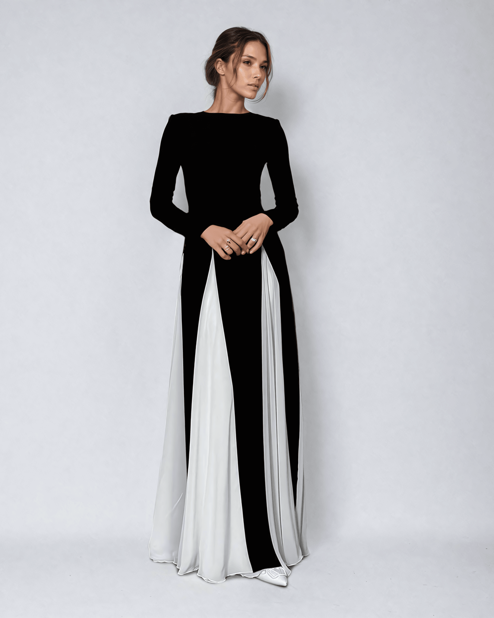 Maxi Jurk Zwart-Wit Elegante Vrouwenjurk Lange Mouw - StudioMarella