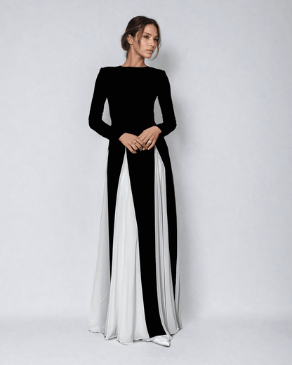 Maxi Jurk Zwart-Wit Elegante Vrouwenjurk Lange Mouw - StudioMarella