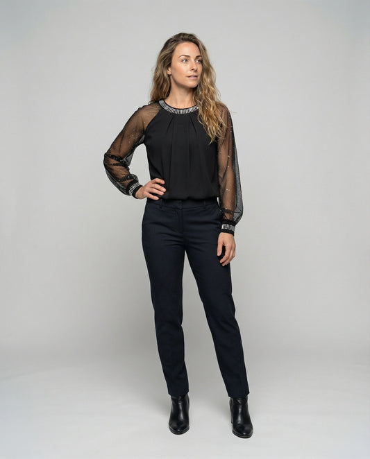 Dames Top met Pailletten en Doorzichtige Mouwen - StudioMarella