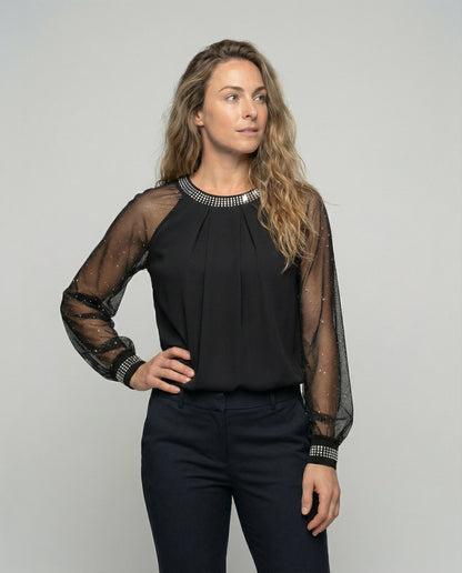 Dames Top met Pailletten en Transparante Mouwen