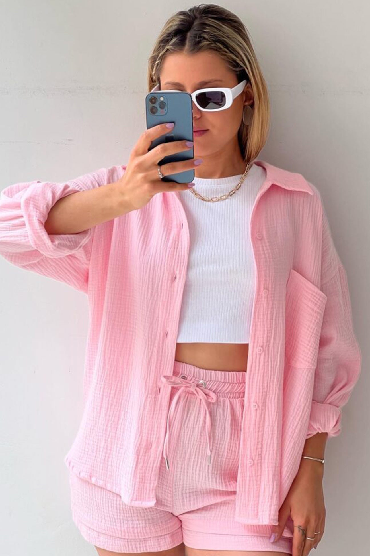 Zomer Short Set Lange Mouwen Shirt Voor Dames