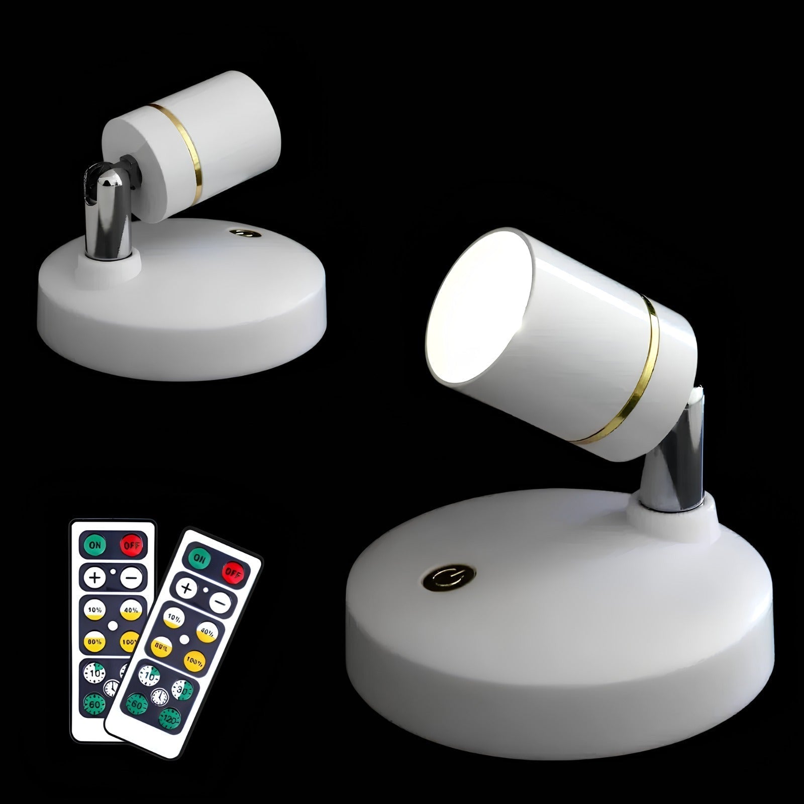 Een LumiaPro energiezuinige spotlight met een moderne, witte design, vergezeld van twee afstandsbedieningen voor het aanpassen van de lichtsterkte en kleurtint, ideaal voor het creëren van de gewenste sfeer.