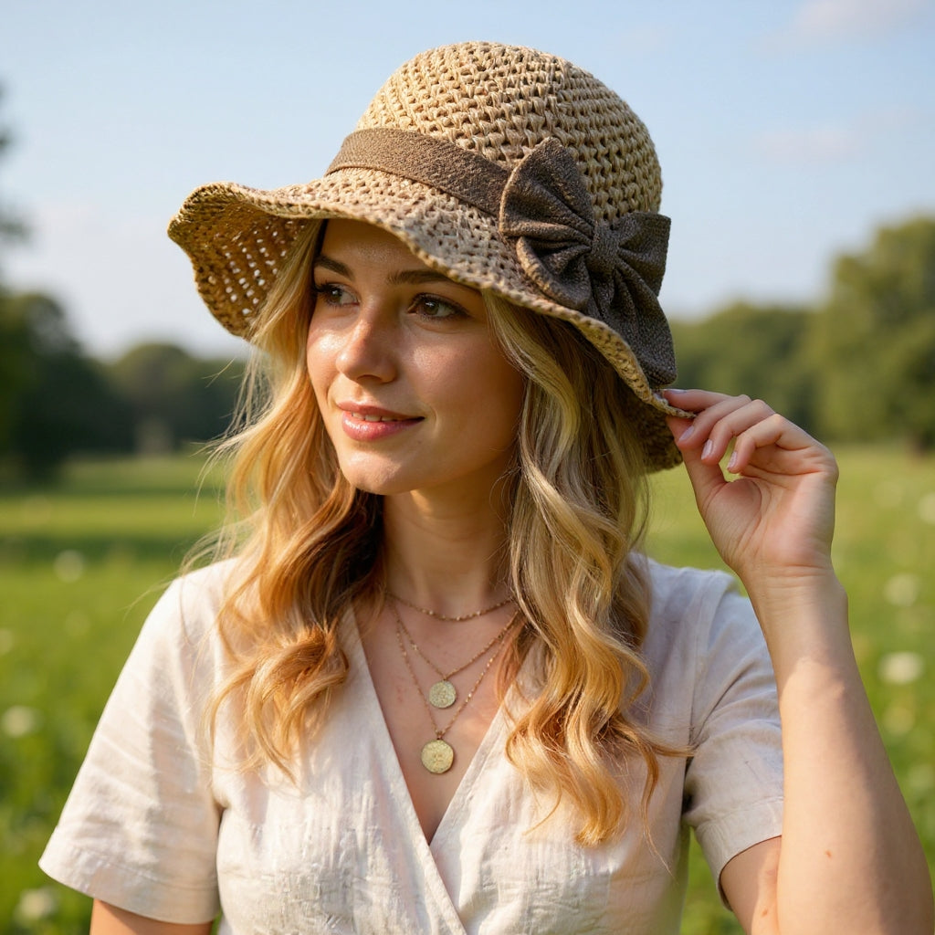 Luna | Elegante handgemaakte zonnehoed met vintage strik 2