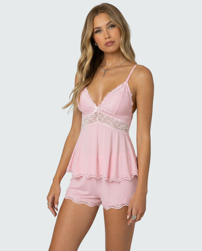 Damespyjama Set Kant V-Hals Elegante Slaapset