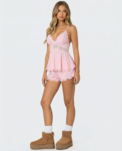 Damespyjama Set Kant V-Hals Elegante Slaapset