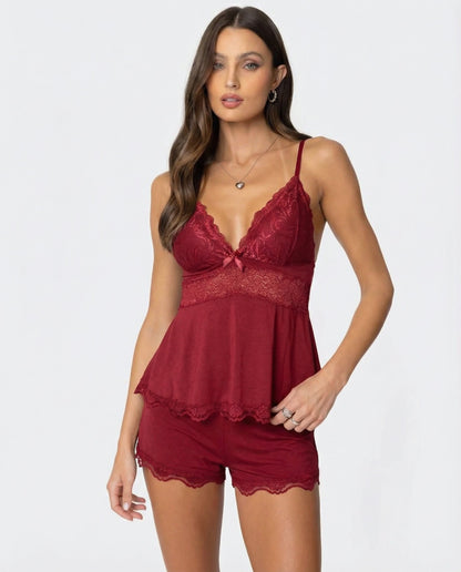 Damespyjama Set Kant V-Hals Elegante Slaapset
