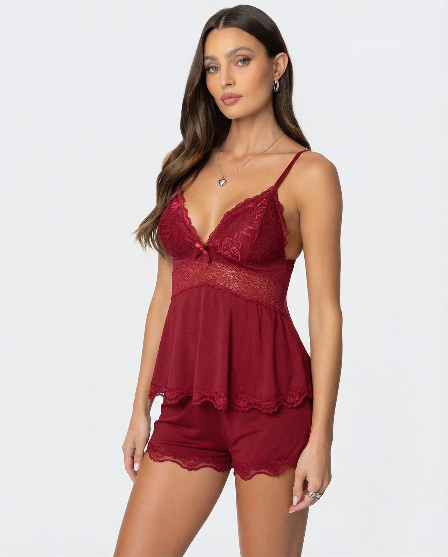 Damespyjama Set Kant V-Hals Elegante Slaapset