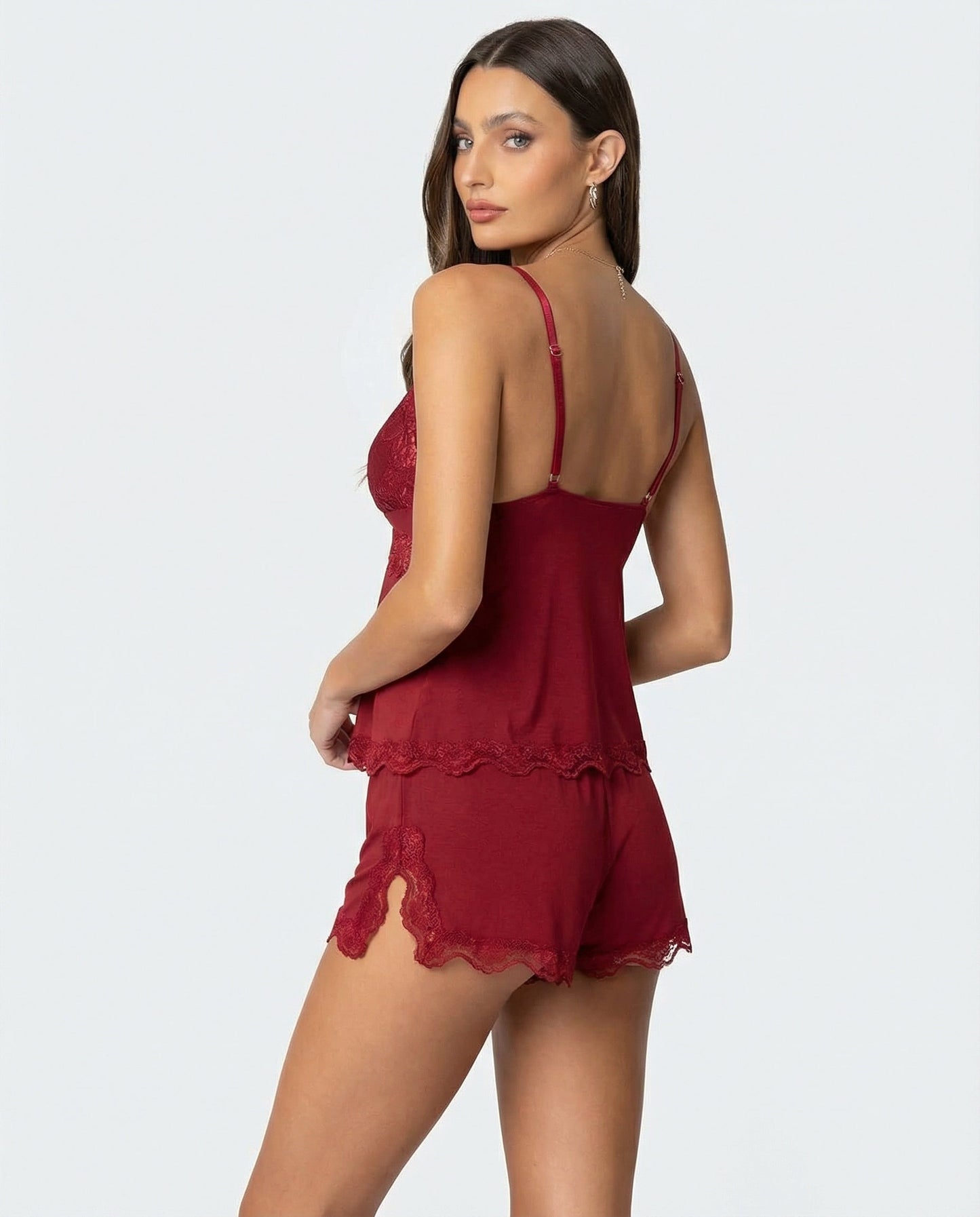 Damespyjama Set Kant V-Hals Elegante Slaapset