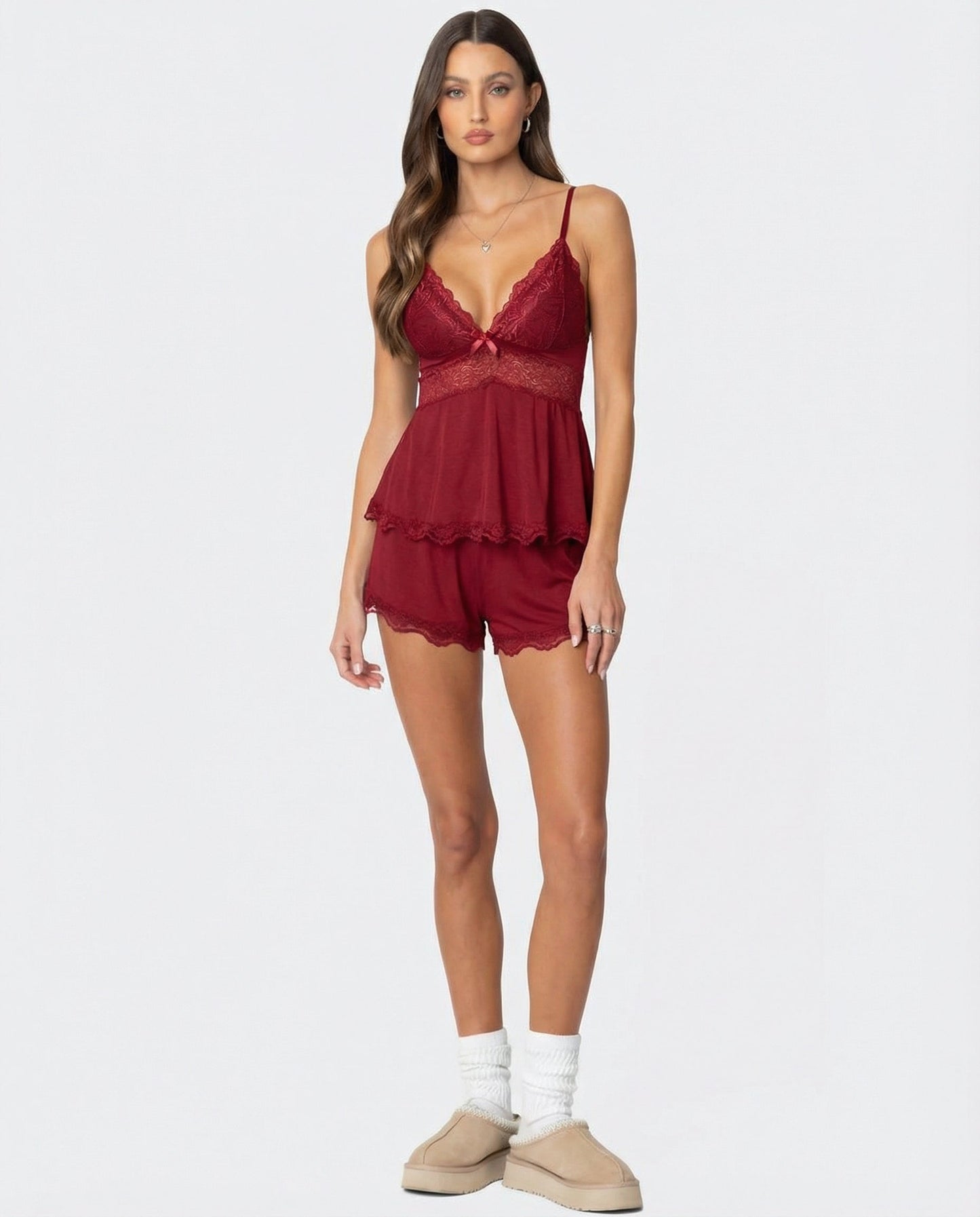 Damespyjama Set Kant V-Hals Elegante Slaapset
