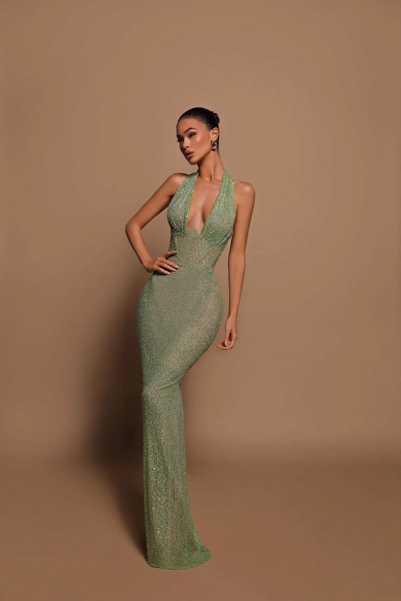 Avondjurk Groen Lange Mouw Glamour Feestjurk