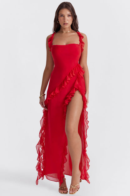 Elegante Avondjurk Rood Met Hoge Split