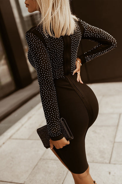 Zwarte Avondjurk Midi Lengte met Fijne Details Elegante Stijl