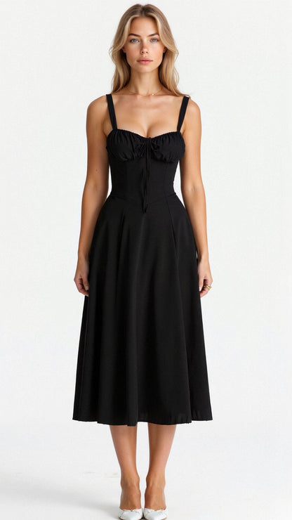 Margaretha | Zwarte Midi Jurk Dames met Korsetdetail 2