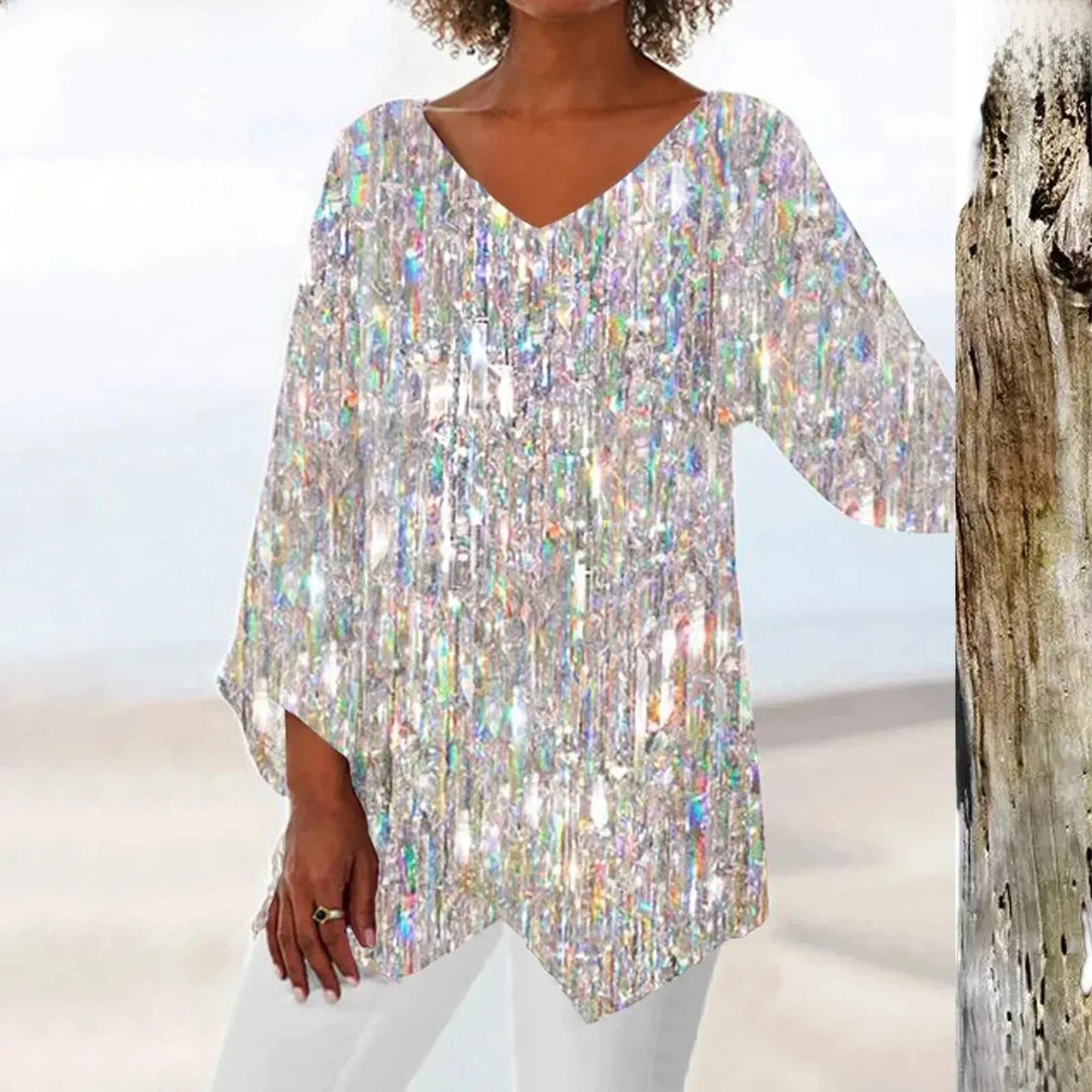 Vrouwelijke Vintage Top met V-hals en Lange Mouwen - StudioMarella