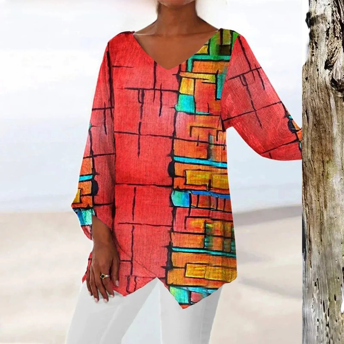 Vrouwelijke Vintage Top met V-hals en Lange Mouwen