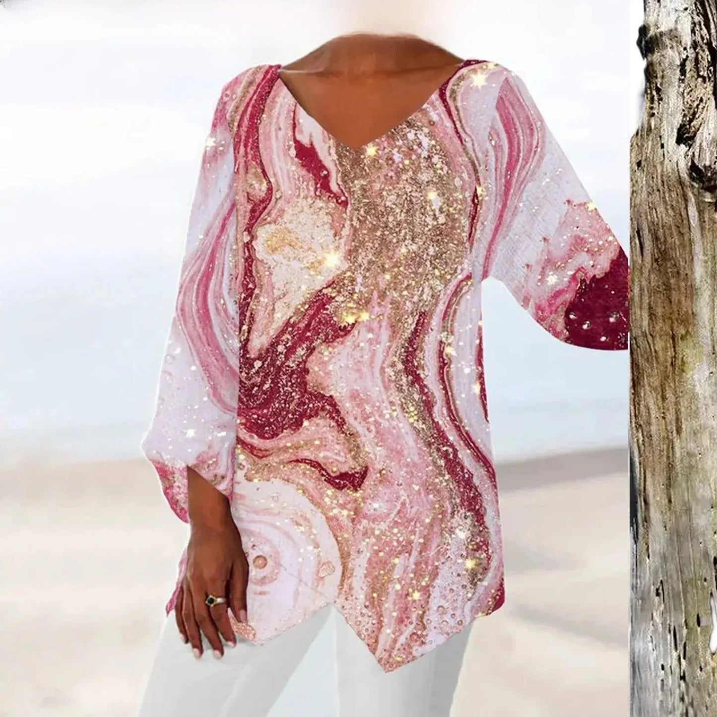 Vrouwelijke Vintage Top met V-hals en Lange Mouwen