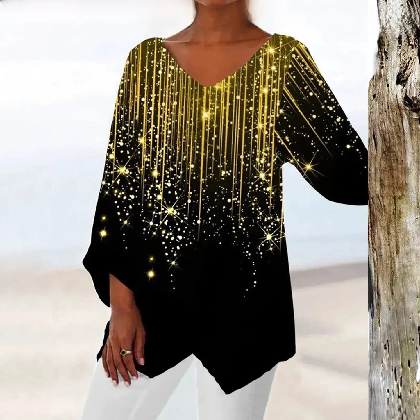 Vrouwelijke Vintage Top met V-hals en Lange Mouwen