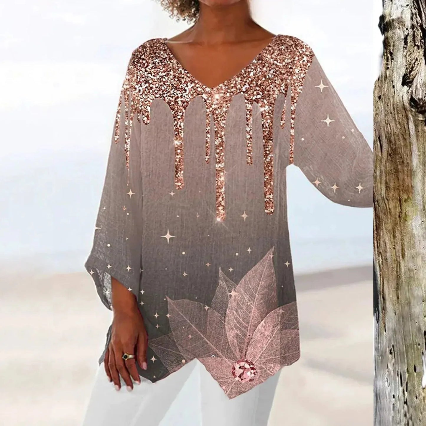 Vrouwelijke Vintage Top met V-hals en Lange Mouwen