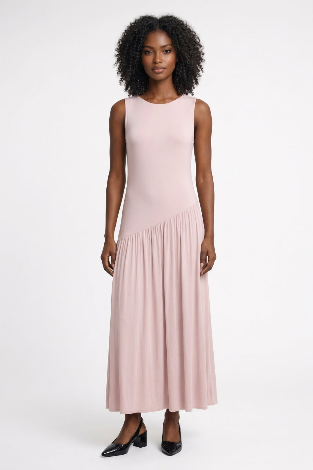 Mouwloze Maxi Jurk voor Dames met Plooien en Ronde Hals