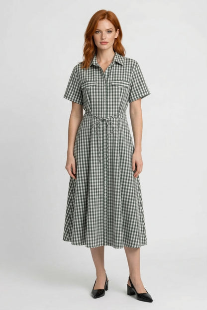 Jurk Dames Zomer Geruit met Strikceintuur Midi Modaal