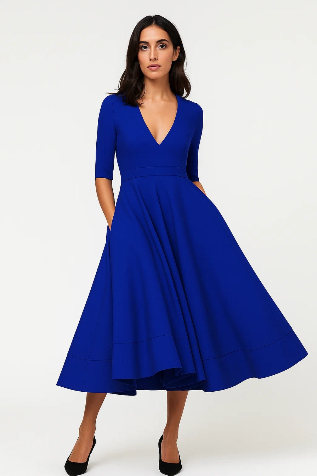 Dames Midi Jurk V-Hals Driekwart Mouwen Elegante Zomerjurk