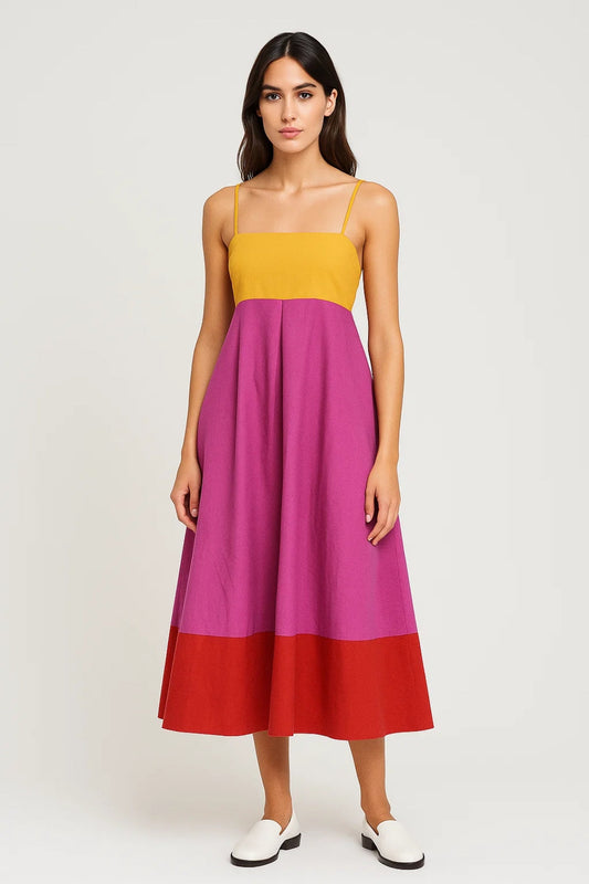 Midi Jurk Dames Zomer Smalle Bandjes Colour Block Stijl - StudioMarella